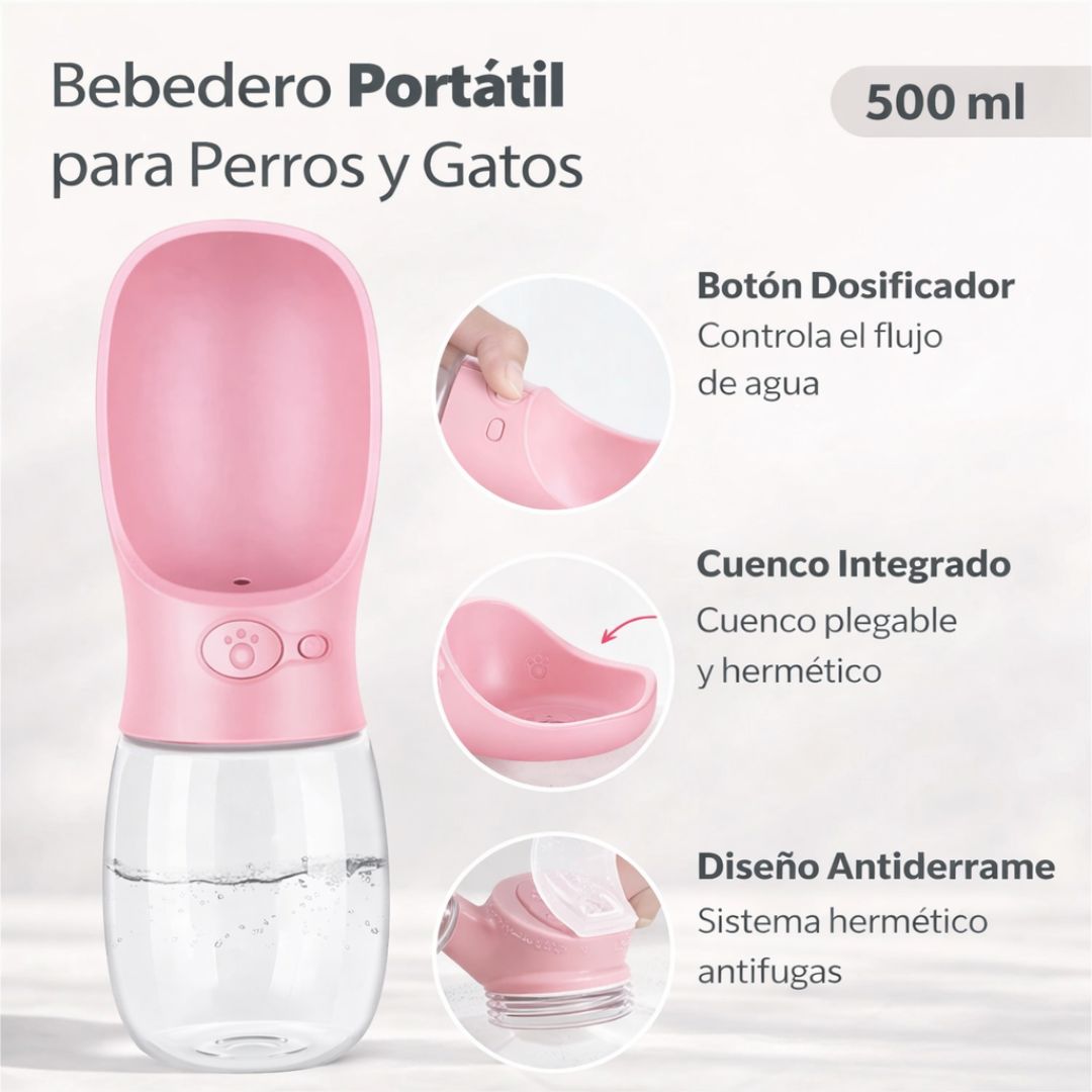 BOTELLA BEBEDERO PORTATIL 500 ml CON BOTON ANTIDERRAME PARA PASEOS